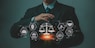 Lawyer businessman holding law innovation network icons. Legal advice Lawyer Attorney at Law. Business finance concept.