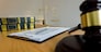 Close up object  law concept. Judge gavel with justice lawyers and documents working on table.