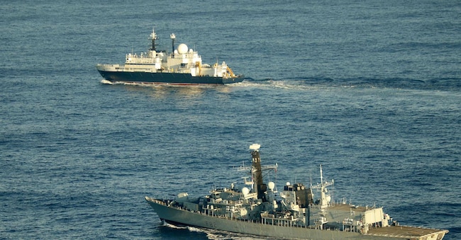 Royal Navy Type 23 frigate HMS Somerset patrolling near the Russian vessel Yantar, near UK waters, earlier this week. 
