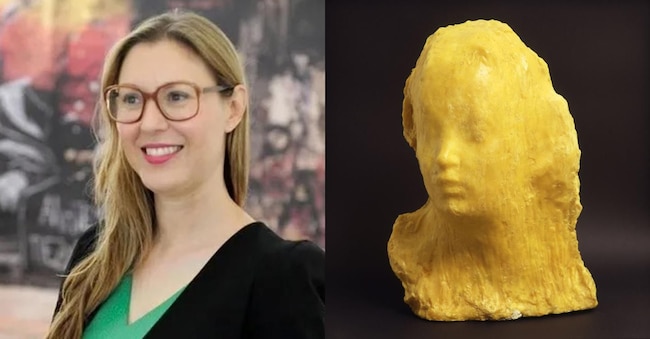 Elena Filipovic, direttrice del Kunstmuseum Basel a sinistra; “Ecce Puer” di Medardo Rosso, creazione: dopo il 1920, 1906 (originale), cera su intonaco, 47 x34 x 29 cm. (Creditline: Fabbri Federico; Photo Credit: courtesy Galleria Russo, Rome)