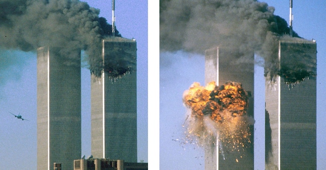 Questa serie di fotografie mostra il volo 175 della United Airlines dirottato mentre si avvicina (in alto a sinistra) e colpisce la torre sud del World Trade Center (a sinistra), esplodendo in fiamme e facendo piovere una grandinata di detriti sulla parte bassa di Manhattan l’11 settembre 2001. Si vede un buco enorme nella torre nord (a destra)  in seguito a un attacco simile avvenuto in precedenza nella giornata. Tre aerei dirottati si sono schiantati contro importanti monumenti degli Stati Uniti l’11 settembre, distruggendo entrambe le imponenti torri gemelle di New York e facendo precipitare il Pentagono a Washington tra le fiamme, in un assalto senza precedenti ai simboli chiave del potere militare e finanziario degli Stati Uniti. (REUTERS/Sean Adair SV)
