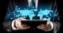 Businessman hands holding tablet with creative glowing world map hologram background. Digital transformation, innovation and future technology concept. Created with generative Ai technology.