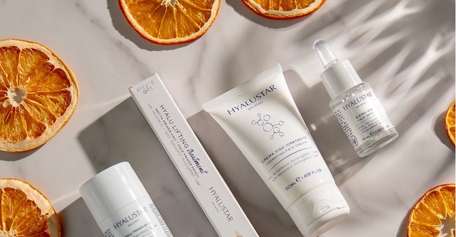 Alcuni prodotti di skincare Hyalustar a base di PrincipHYAL Cube³, l’acido ialuronico di ultima generazione