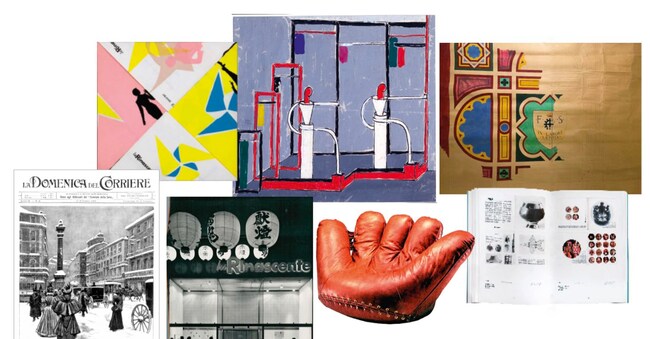 Da sinistra, “Primavera 1953” (1953), busta con invito alla sfilata di primavera presso il Tea-room de la Rinascente in piazza del Duomo, progetto grafico Max Huber, Fondo Amneris Latis. Stand Tessili Italiani, progetto di Luciano Baldessari per l’Expo di Barcellona, 1929. Decorazione del Castello di Pandino con stemma