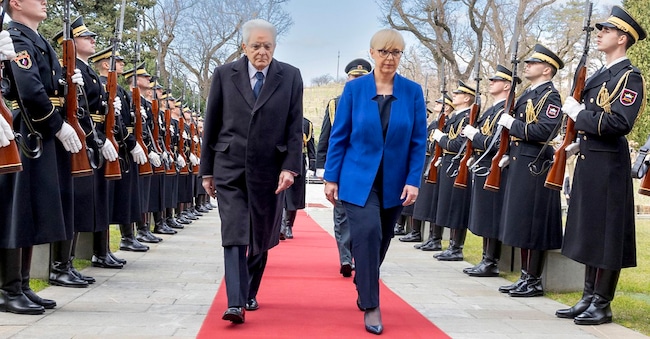 Il Presidente della Repubblica Sergio Mattarella accolto a Villa Pilpolze dalla Presidente della Repubblica di Slovenia Natasa Pirc Musa, in occasione dell'inaugurazione della "Prima Capitale europea della cutura transfrontaliera GO 2025!, 08 febbraio 2025.  NPK    ANSA / Paolo Giandotti 