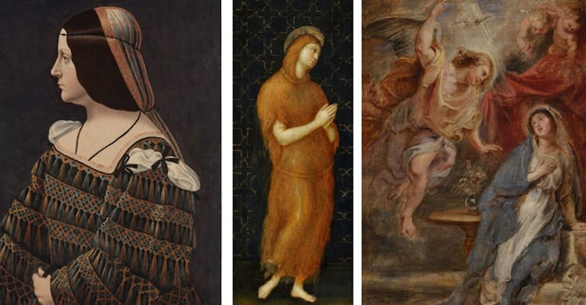 Da sinistra a destra: Bernardino de’ Conti, Ritratto di nobildonna elegantemente vestita di profilo; Raffaello Sanzio, detto Raffaello, Santa Maria Maddalena; Sir Peter Paul Rubens, Annunciazione.