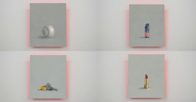 In alto da sinistra: Aldo Sergio, Baseball Prayer, Courtesy Tommaso Calabro; Aldo Sergio, Lighter with Flag Prayer, Courtesy Tommaso Calabro; in basso da sinistra: Aldo Sergio, Bunch of Keys Prayer, Courtesy Tommaso Calabro; Aldo Sergio, Red Lipstick Prayer, Courtesy Tommaso Calabro