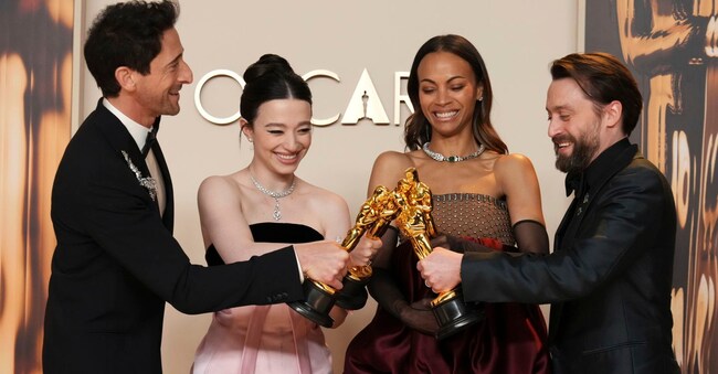 Da sinistra: Adrien Brody, Mikey Madison, Zoe Soldana e Kieran Culkin: i quattro migliori attori protagonisti e non protagonisti premiati alla notte degli Oscar a Los Angeles. (Photo by Jordan Strauss/Invision/AP)
Associated Press/LaPresse