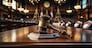 Court of Law and Justice Trial Session: Imparcial Honorable Judge Pronouncing Sentence, striking Gavel. Focus on Mallet, Hammer. Cinematic Shot of Dramatic Not Guilty Verdict. copy space