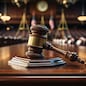 Court of Law and Justice Trial Session: Imparcial Honorable Judge Pronouncing Sentence, striking Gavel. Focus on Mallet, Hammer. Cinematic Shot of Dramatic Not Guilty Verdict. copy space
