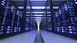 Data Center Computer Racks In Network Security Server Room. Cryptocurrency Mining Farm or Hosting Storage Connected Dots Programming Code And Binary Concept. 3D render dark blue