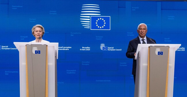 epa11945921 EU Council President Antonio Costa (R) and European Commission President Ursula von der Leyen (L) speak to the media after a Special European Council meeting in Brussels, Belgium, 06 March 2025. The EU leaders are convening for a special summit to discuss ongoing support for Ukraine and enhance European defence.  EPA/CHRISTOPHE PETIT TESSON
