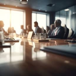 Business concept. Business meeting in boardroom. Blurred people on background. Team meeting in office near table. Generative AI