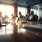 Business concept. Business meeting in boardroom. Blurred people on background. Team meeting in office near table. Generative AI