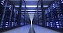 Data Center Computer Racks In Network Security Server Room. Cryptocurrency Mining Farm or Hosting Storage Connected Dots Programming Code And Binary Concept. 3D render dark blue