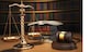Justice concept. Gavel,  golden scales and books in the library with dof effect. 3d