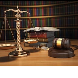 Justice concept. Gavel,  golden scales and books in the library with dof effect. 3d