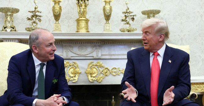 U.S. President Donald Trump meets with Irish Taoiseach (Prime Minister) Micheal Martin in the Oval Office at the White House in Washington, D.C., U.S., March 12, 2025. REUTERS/Evelyn Hockstein