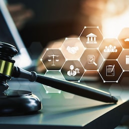 Smart law, legal advice icons and lawyer working tools in the lawyers office showing concept of digital law and online technology of savvy law and regulations .