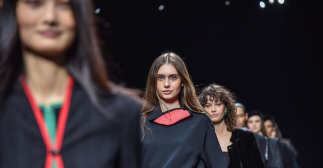 A model presents a creation by Emporio Armani at the Milan Fashion Week, in Milan, Italy, 28 February 2025. The Fall/Winter 2025/2026 collections are presented until 03 March 2025.  ANSA/MATTEO CORNER