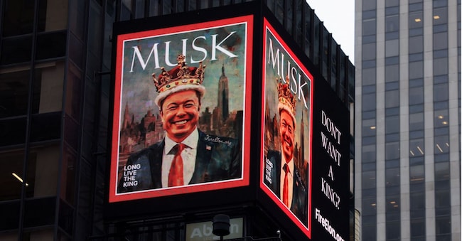 A billboard depicting Elon Musk wearing a crown is seen in Times Square in New York City, U.S., March 20, 2025. REUTERS/Kylie Cooper