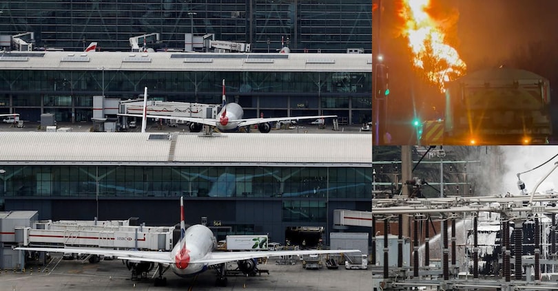 Il terminal 5 dell’aeroporto di Heathrow a Londra, la stazione elettrica colpita dall’incendio e un’immagine delle fiamme (foto REUTERS)