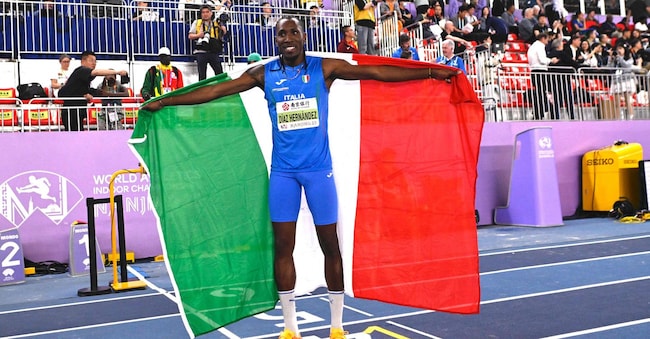Italy’s Andy Diaz Hernandez celebrates after winning the men’s triple jump final during the Indoor World Athletics Championships in Nanjing, in eastern China's Jiangsu province, on March 21, 2025. (Photo by WANG Zhao / AFP)