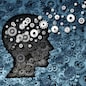 Neuroscience development and training concept as a group of cog wheels and gears shaped as human head with information transfer as a technology brain symbol or psychology exchange success as a 3D render.