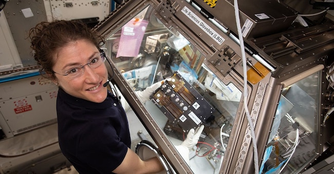 L’astronauta della Nasa Christina Koch lavora sull’esperimento di tessuto renale su chip dell’Università di Washington all’interno della Life Sciences Glovebox a bordo della Stazione Spaziale Internazionale