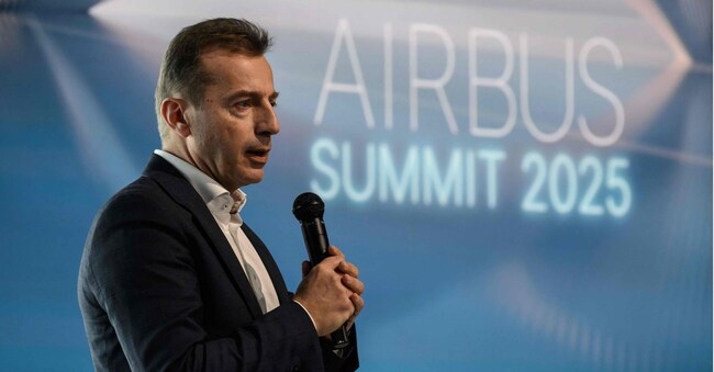 Airbus CEO Guillaume Faury speaks during the Airbus summit 2025 at the Airbus headquarters in Toulouse, southern France, on March 24, 2025. (Photo by Ed JONES / AFP)