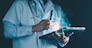 Medical technology, doctor use AI robots for diagnosis, care, and increasing accuracy patient treatment in future. Medical research and development innovation technology to improve patient health.