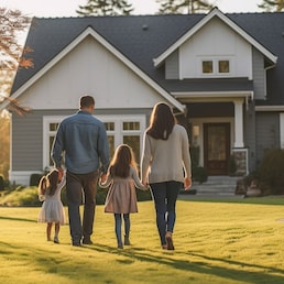 Rear View, Young family looking at their new home standing, real estate purchase, Generative AI