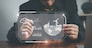 Businessman touching screen virtual icon eco energy sustainable environment digital technology concept.