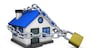 House security concept with a home icon model locked with chain and padlock 3D illustration isolated on white background.