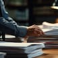 Businessman hands working in Stacks of paper files for searching information on work desk in office, business report papers,piles of unfinished documents achieves.Created with Generative AI technology.