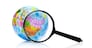 Globe under magnifying glass zooming Russia and China on white background