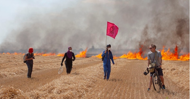 Migné-Auxances, Francia, luglio 2024: un gruppo di attivisti per il clima in un campo di grano in fiamme a causa del lancio di lacrimogeni da parte della polizia francese
