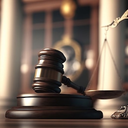 Judge gavel and Scales of Justice in the Court Hall created by generative AI