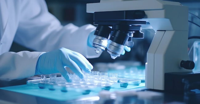 A laboratory technician makes microscopic bacteriological examination with the reagents. Work in microlaboratories. Medical laboratory analysis. The work of a medical laboratory assistant. masyastadnikova - stock.adobe.com
