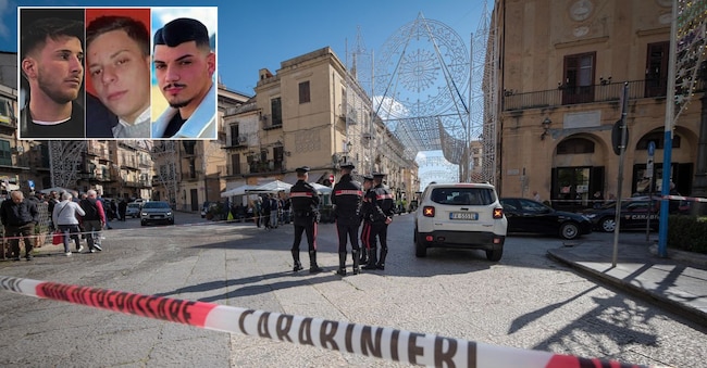 Nella combo piazza Duomo, il luogo della sparatoria a Monreale e, nei riquadri, le tre vittime: da sinistra Andrea Miceli, Massimo Pirozzo e Salvatore Turdo. Ansa/ Igor Petyx/Facebook