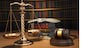 Justice concept. Gavel,  golden scales and books in the library with dof effect. 3d