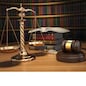 Justice concept. Gavel,  golden scales and books in the library with dof effect. 3d
