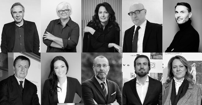 Da sinistra in altro, Carlo Capasa Presidente della Camera Nazionale della Moda Italiana, Giovanna Ceolini Presidente Confindustria Accessori Moda, Stefania Lazzaroni Direttrice Generale della Fondazione Altagamma, Mario Andrea Vattani Commissario Generale per l’Italia a Expo 2025 Osaka, Silvio Campara CEO di Golden Goose, nella seconda riga da sinistra Gianluca Brozzetti ceo Vhernier, Federica Polinori Amministratore delegato The Estée Lauder, Enrico Zannini Direttore Generale di Bologna Fiere Cosmoprof, Gabriele Rorandelli e Chiara Torino.