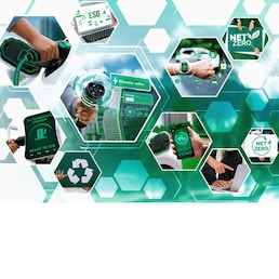 EV electric car vehicle charging and sustainable LCA green energy technology presented in panoramic banner photo collage showing eco friendly view of electric vehicle and hybrid car for future ESG
