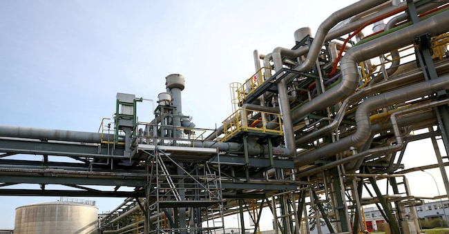 FILE PHOTO: A gas storage and pipes are seen at a gas-fired power plant, at the InfraLeuna industrial site, in Leuna, Germany April 2, 2025. REUTERS/Lisi Niesner/File Photo