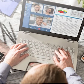 Virtual talking with friends, colleague and using video chat conference. Remote learning or work. Home quarantine or prevention of coronavirus infection (virus covid-19). Group of people smart working