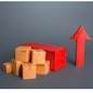 Shipping container and boxes near a red arrow up. Growth of goods transportation volume, world trade traffic recovery. Economic ties. Fees and Tariffs, customs. Increase in sales. Import and export.