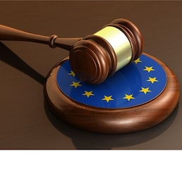 European Union laws, legal system and parliament concept with a 3d render of a gavel on a wooden desktop and the EU flag.