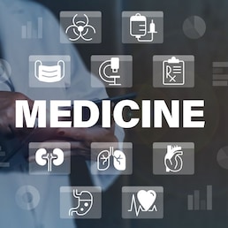 Medical statistical data closeup concept image with white glyph icons. Three quarter perspective photo of doctor with device on background. Picture for web banner, infographics, blog, news and article