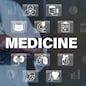 Medical statistical data closeup concept image with white glyph icons. Three quarter perspective photo of doctor with device on background. Picture for web banner, infographics, blog, news and article